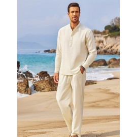 Men's Linen Blend Retro Henley Shirt Long Sleeve T-shirt Tee, Casual Comfy Shirts For Men Spring Summer Autumn, Men's Clothing Tops For Beach Yoga
