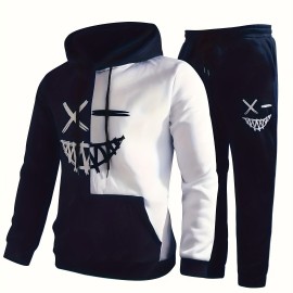 Creative Pattern Print, Men's 2Pcs Outfits, Casual Hoodies Long Sleeve Hooded Sweatshirt And Sweatpants Joggers Set For Spring Fall, Men's Clothing