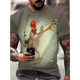 Kung Fu Rooster Pattern 3d PrintT-shirt, Men's Casual Slightly Stretch Round Neck T-shirt For Spring Summer