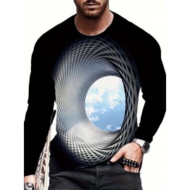 3D Geometric Print Men's Trendy Graphic Long Sleeve Fit T-shirt, Spring Fall