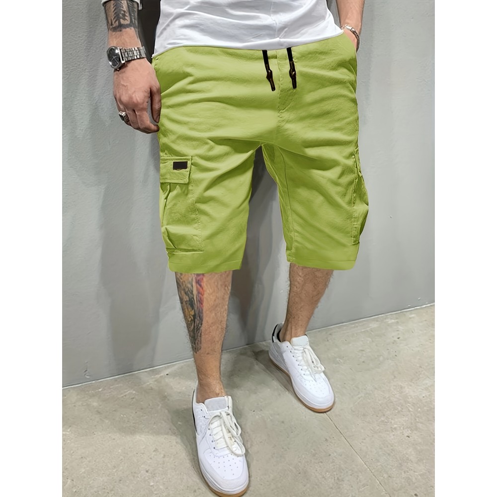 Men's Stylish Loose Solid Cargo Shorts With Pockets, Active Breathable Comfy Drawstring Shorts For Hiking Jogging Cycling Outdoor Fitness Workout