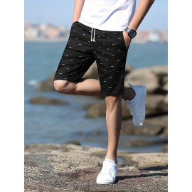 Casual Cotton Slightly Stretch Fish Bone Pattern Drawstring Shorts, Men's Cropped Pants For Summer