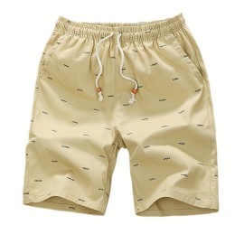 Casual Cotton Slightly Stretch Fish Bone Pattern Drawstring Shorts, Men's Cropped Pants For Summer