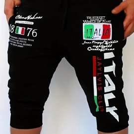 Italy Flag Letter Print Comfy Shorts, Men's Casual Solid Color Slightly Stretch Elastic Waist Drawstring Shorts For Summer