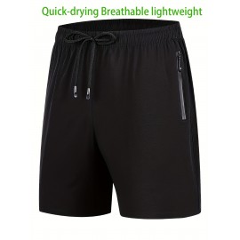 Zipper Pockets Quick Drying Comfy Active Shorts, Men's Casual Stretch Waist Drawstring Shorts For Summer