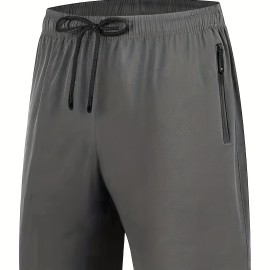 Zipper Pockets Quick Drying Comfy Active Shorts, Men's Casual Stretch Waist Drawstring Shorts For Summer
