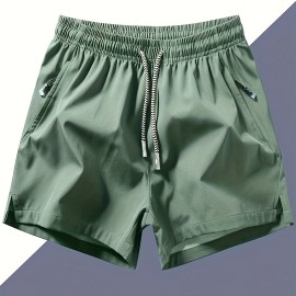 Men's Zipper Pockets Active Shorts, Casual Waist Drawstring Quick Drying Shorts