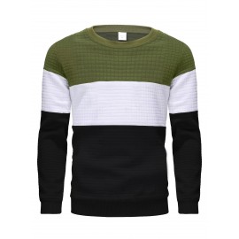 Three Color Block  Trendy Sweatshirt, Men's Casual Classic Design Crew Neck Pullover Sweatshirt For Men Fall Winter