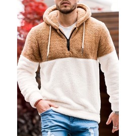 Cool Fluffy Thermal Hoodies For Men, Men's Casual Color Block Polar Fleece Pullover Hooded Sweatshirt With Kangaroo Pocket Streetwear For Winter Fall, As Gifts