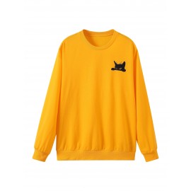 Balck Cat Print Sweatshirt, Men's Casual Graphic Design Slightly Stretch Crew Neck Pullover Sweatshirt For Spring Fall