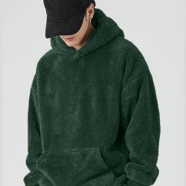 Coral Fleece Solid Color Hoodies For Men, Warm Hoodie With Kangaroo Pocket, Comfy Loose Trendy Hooded Pullover, Men's Clothing For Autumn Winter