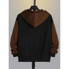 Color Block Men's All-match Hooded Sweatshirt, Men's Sports Zip Up Outwear With Pockets, Spring Fall
