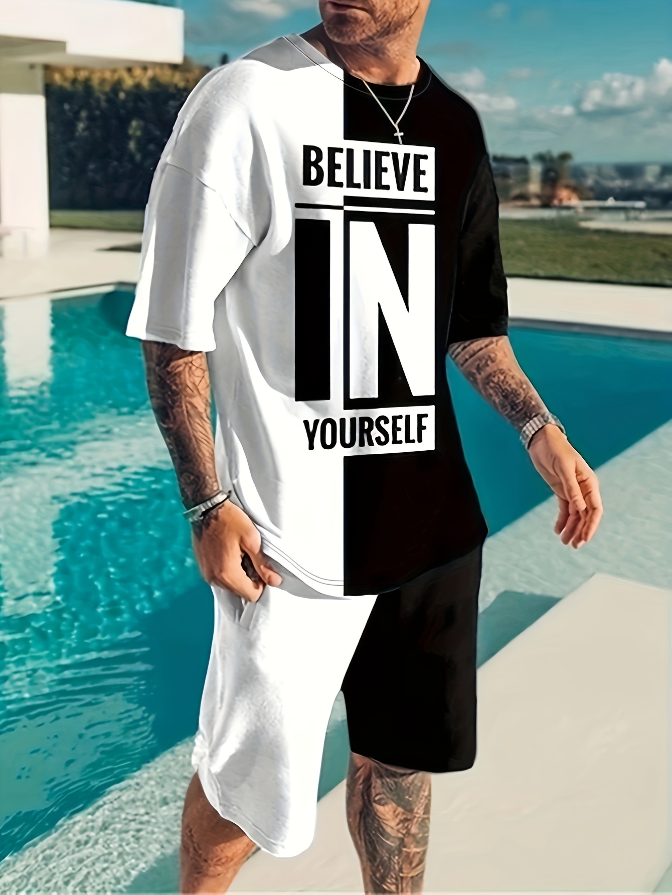 believe in yourself print mens 2pcs outfits casual crew neck short sleeve t shirt and drawstring shorts set for summer mens clothing details 19