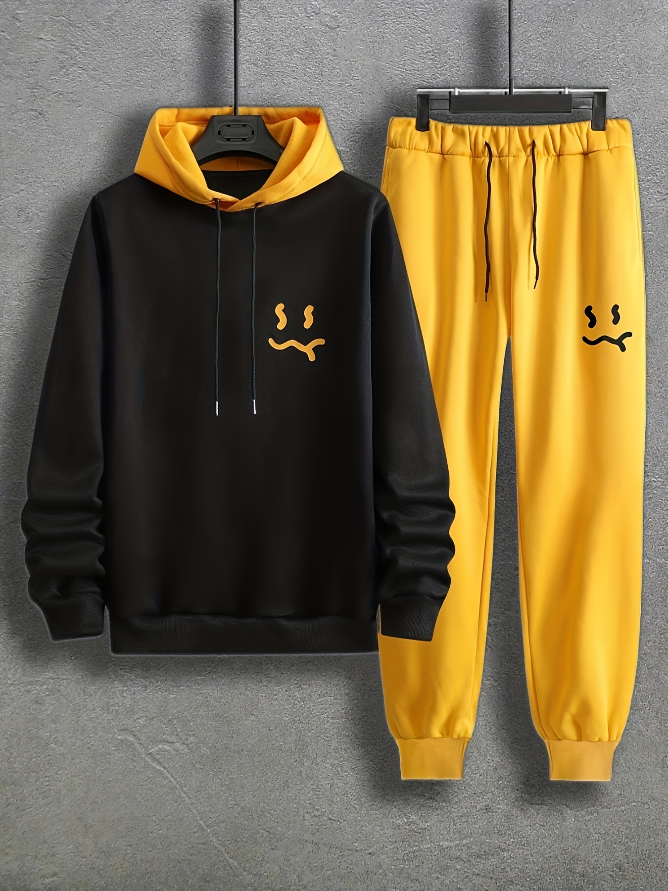 smile face pattern color block print mens 2pcs outfits casual hoodies long sleeve pullover hooded sweatshirt and sweatpants joggers set for spring fall mens clothing details 1