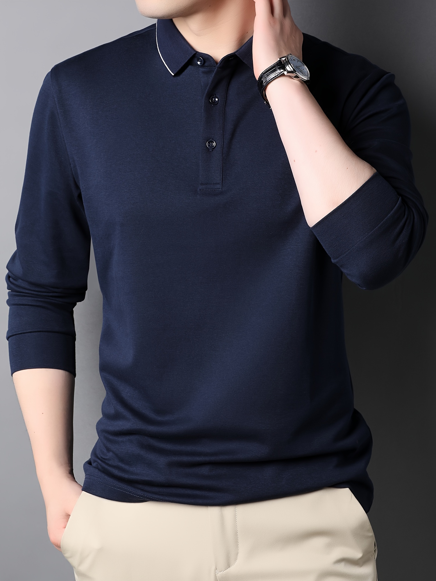 Cotton Blend Men s Casual V-Neck Long Sleeve Rugby Shirt For Spring Autumn, Men s Clothing details 2