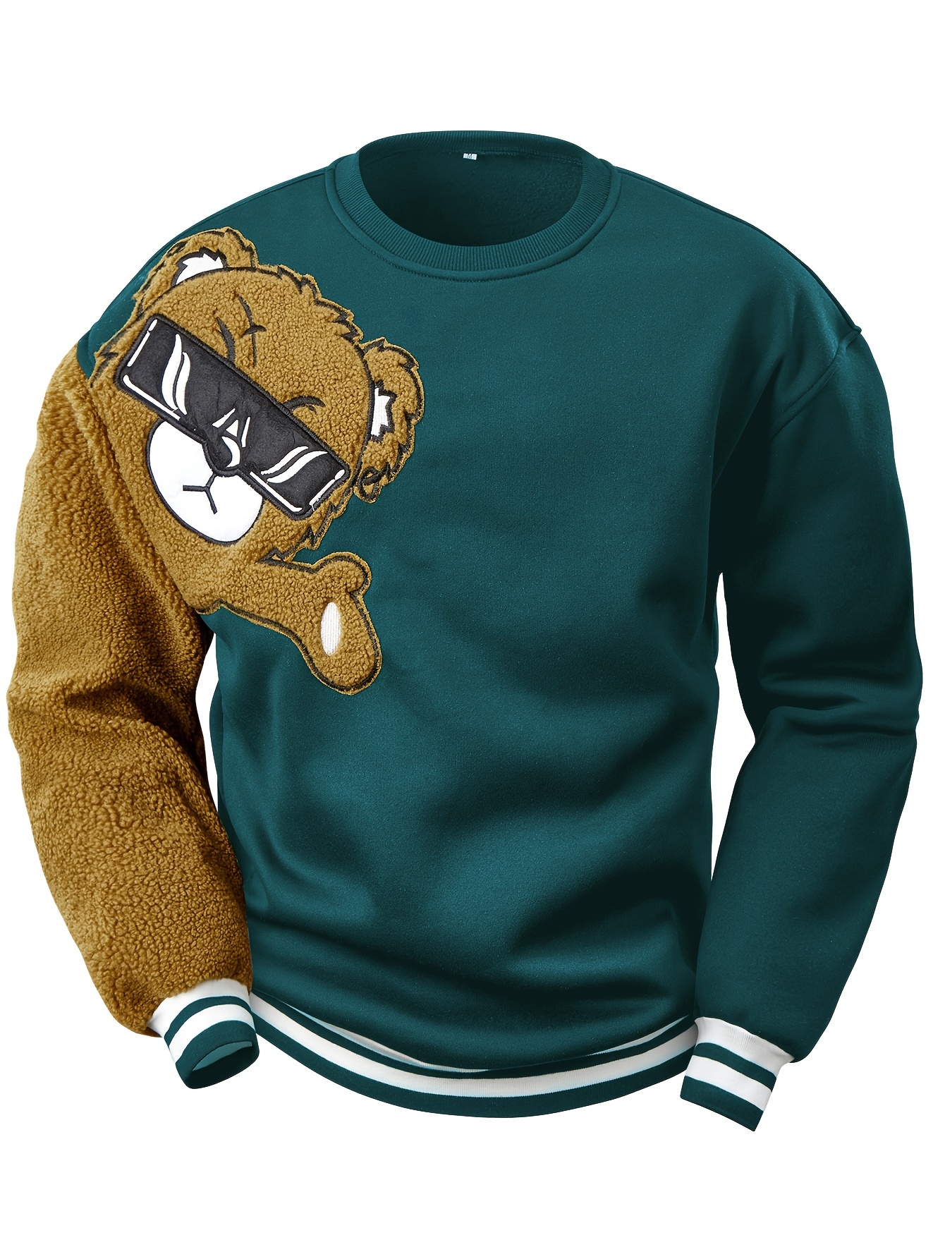 mens cartoon bear embroidery crew neck sweatshirt loose fit sports tops details 6