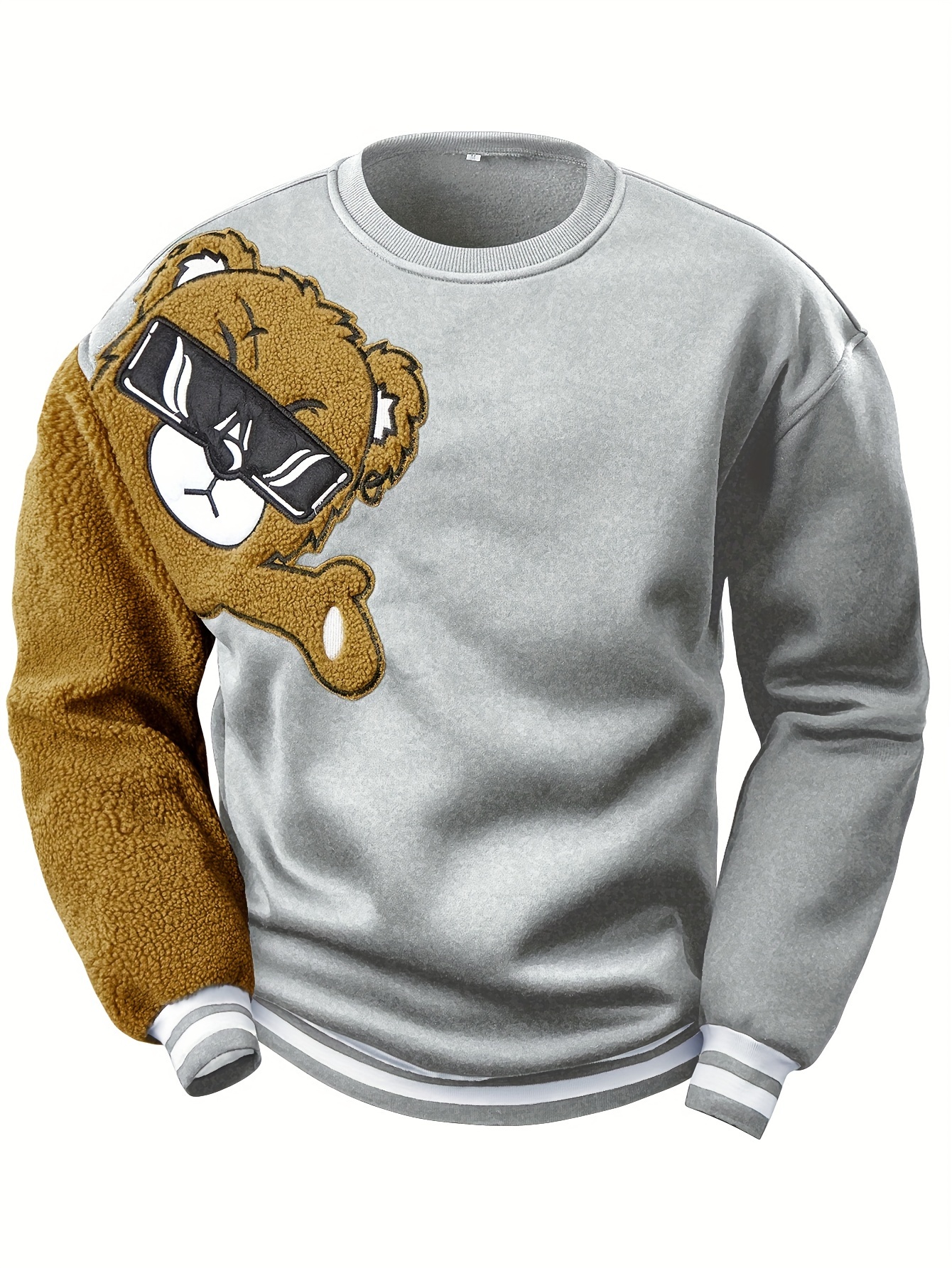 mens cartoon bear embroidery crew neck sweatshirt loose fit sports tops details 12