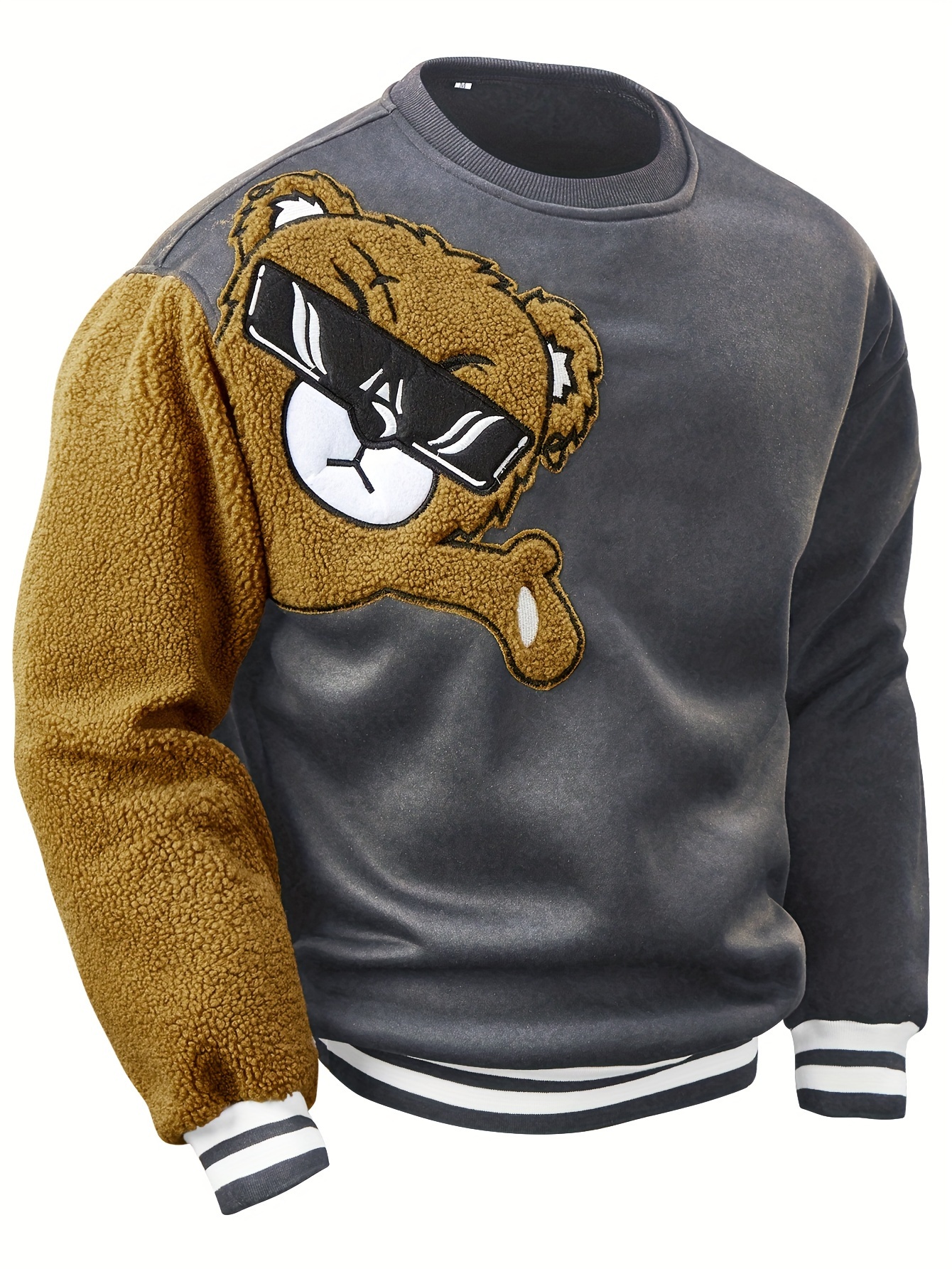 mens cartoon bear embroidery crew neck sweatshirt loose fit sports tops details 22