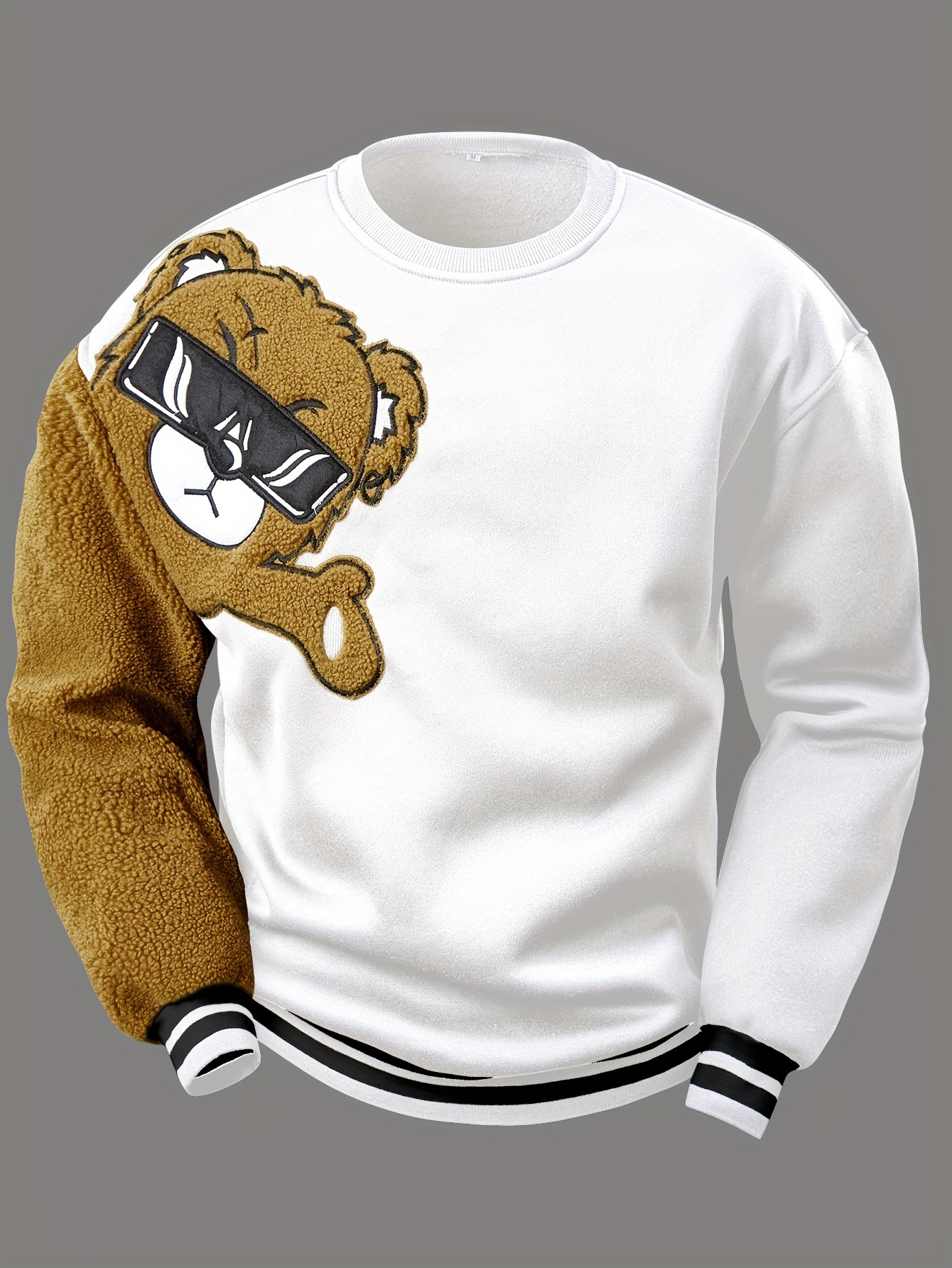 mens cartoon bear embroidery crew neck sweatshirt loose fit sports tops details 36