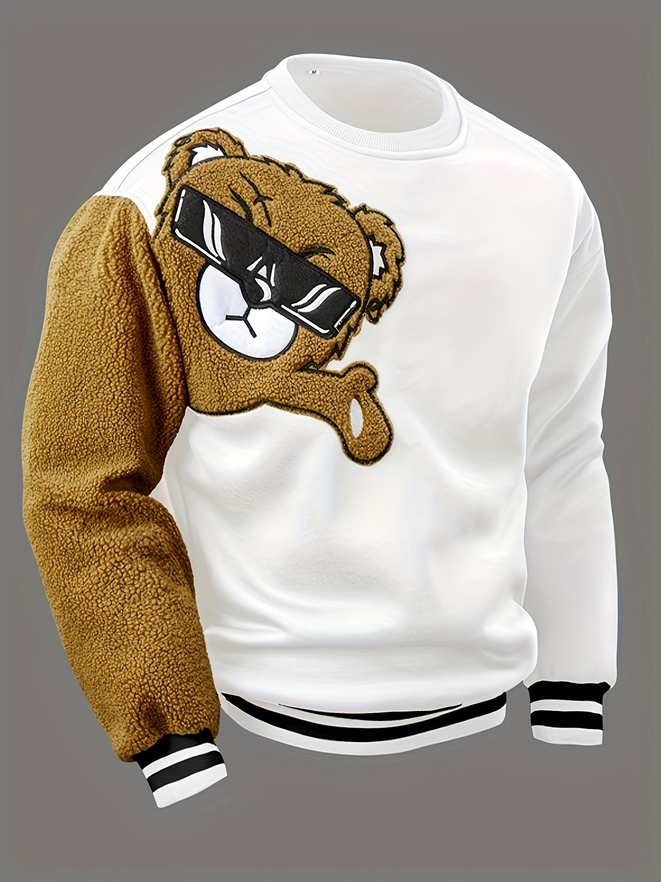 mens cartoon bear embroidery crew neck sweatshirt loose fit sports tops details 40