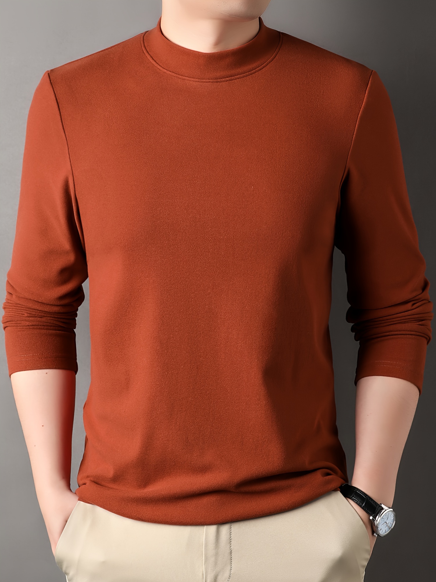 solid mens slim mock neck long sleeve active t shirt tee casual comfy shirts for winter fall mens clothing tops details 9