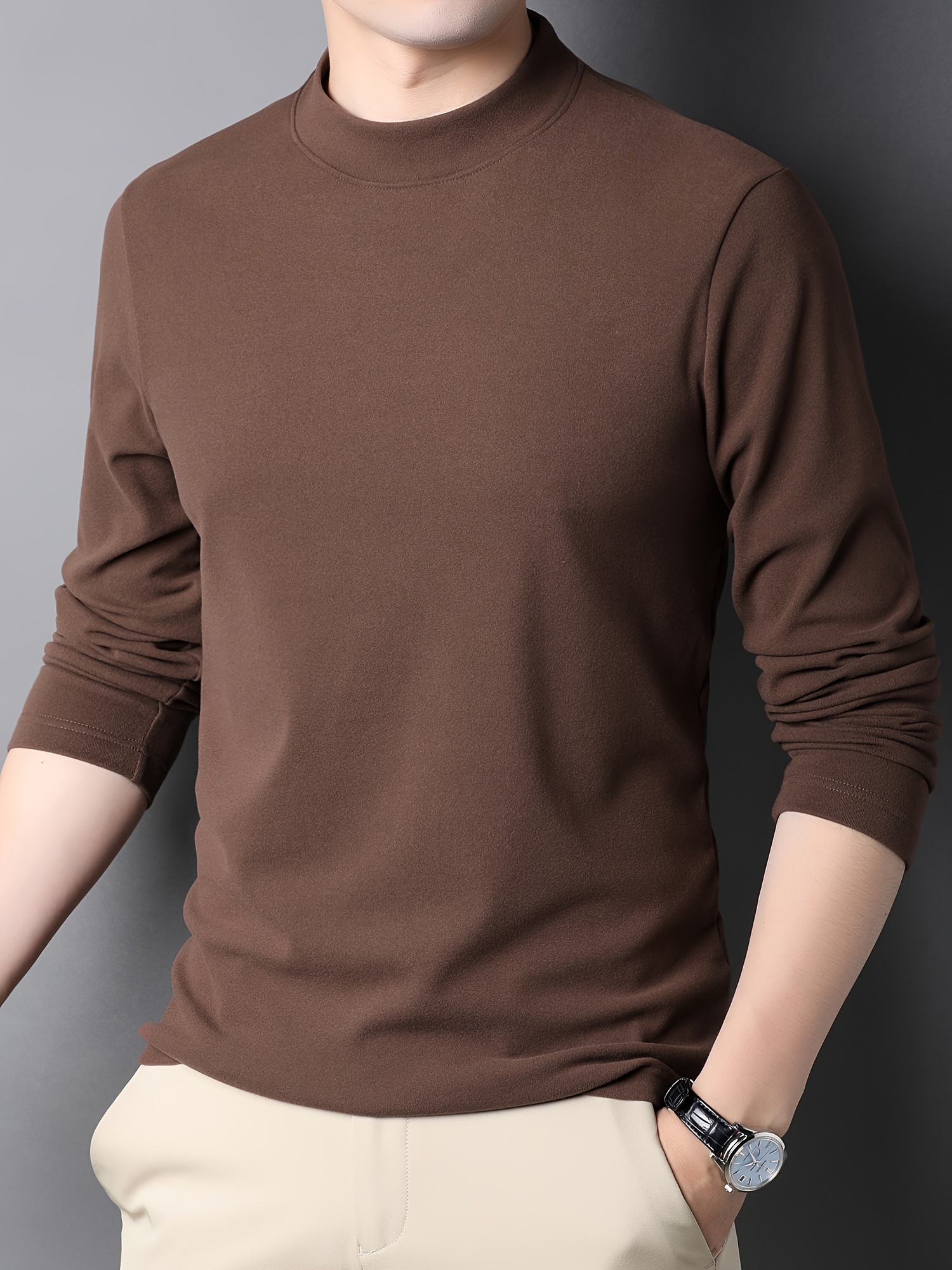 solid mens slim mock neck long sleeve active t shirt tee casual comfy shirts for winter fall mens clothing tops details 12