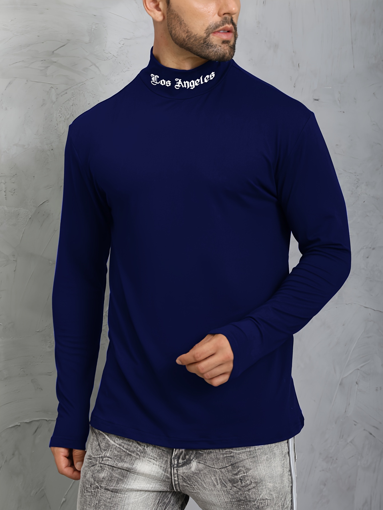 los angeles print mens casual turtleneck long sleeve fit slim t shirt spring fall details 8