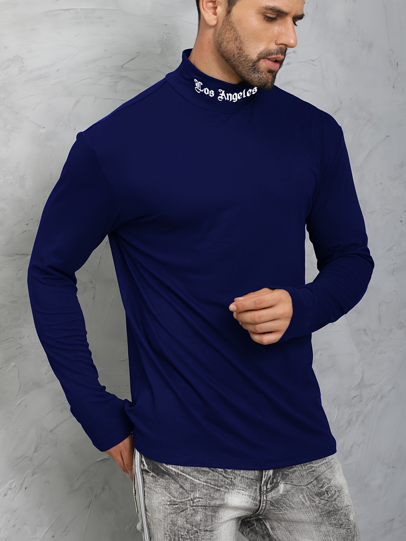 los angeles print mens casual turtleneck long sleeve fit slim t shirt spring fall details 9