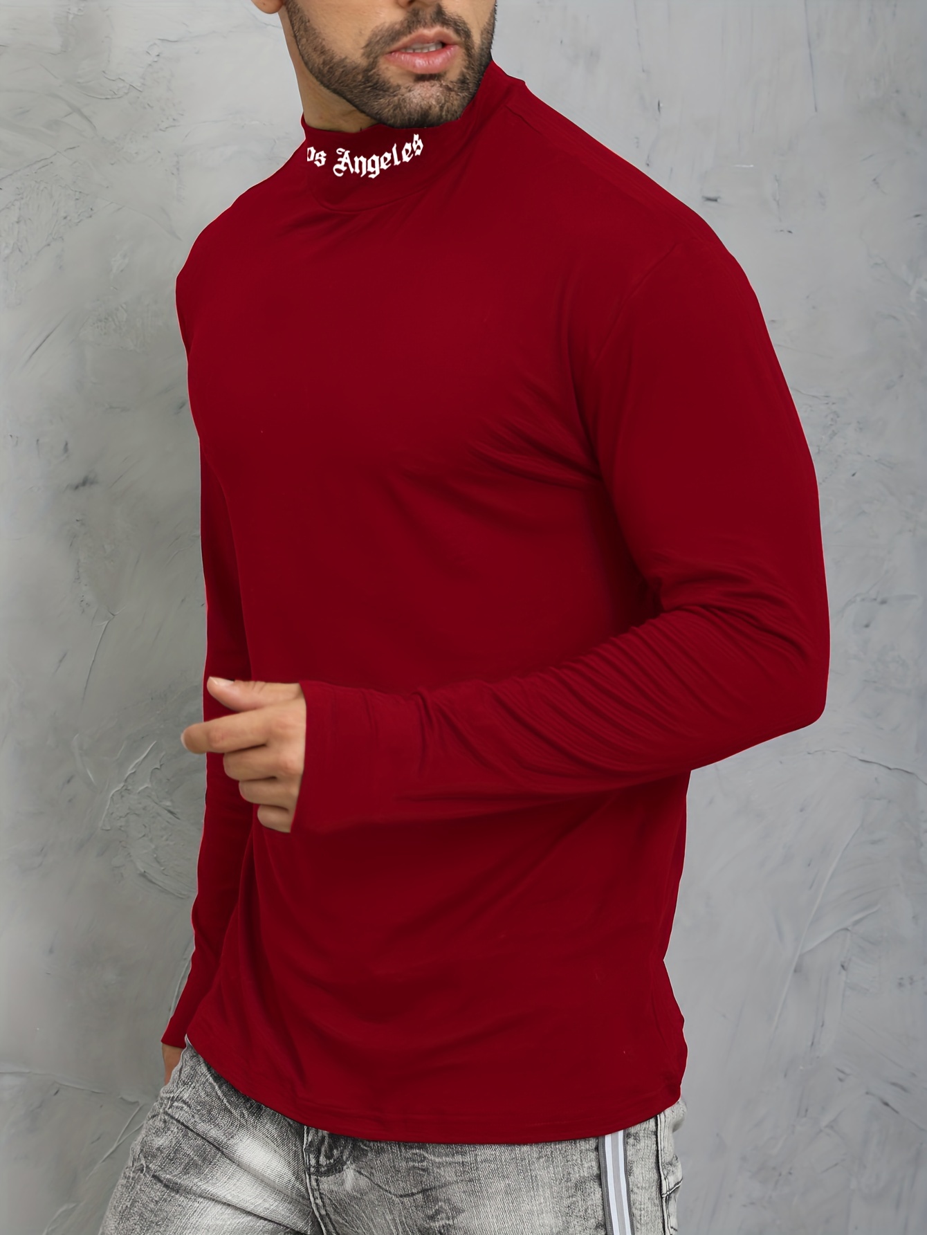 los angeles print mens casual turtleneck long sleeve fit slim t shirt spring fall details 13