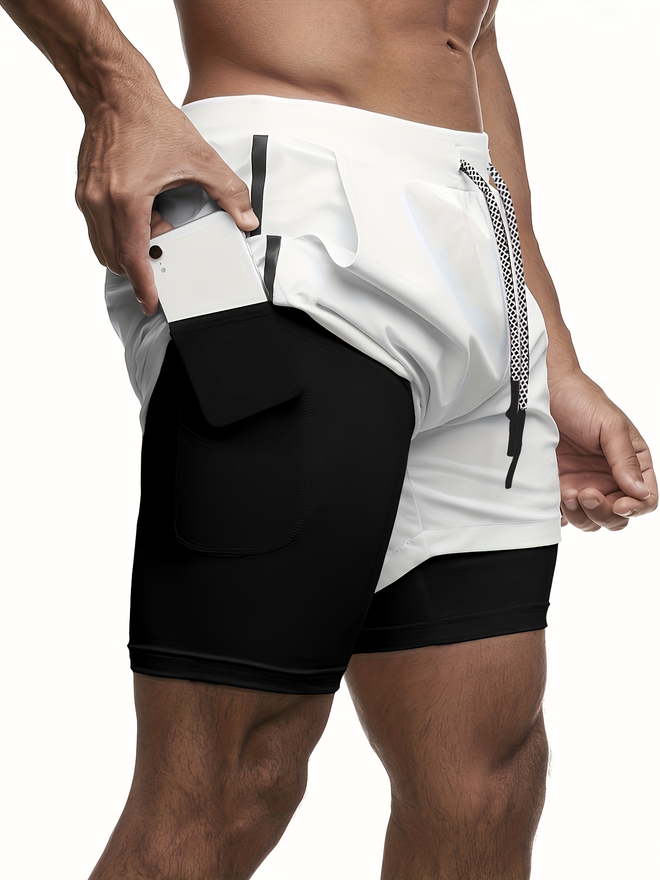 2 in 1 double layer shorts with inner zipper pocket mens high stretch sports shorts for summer gym workout training details 26