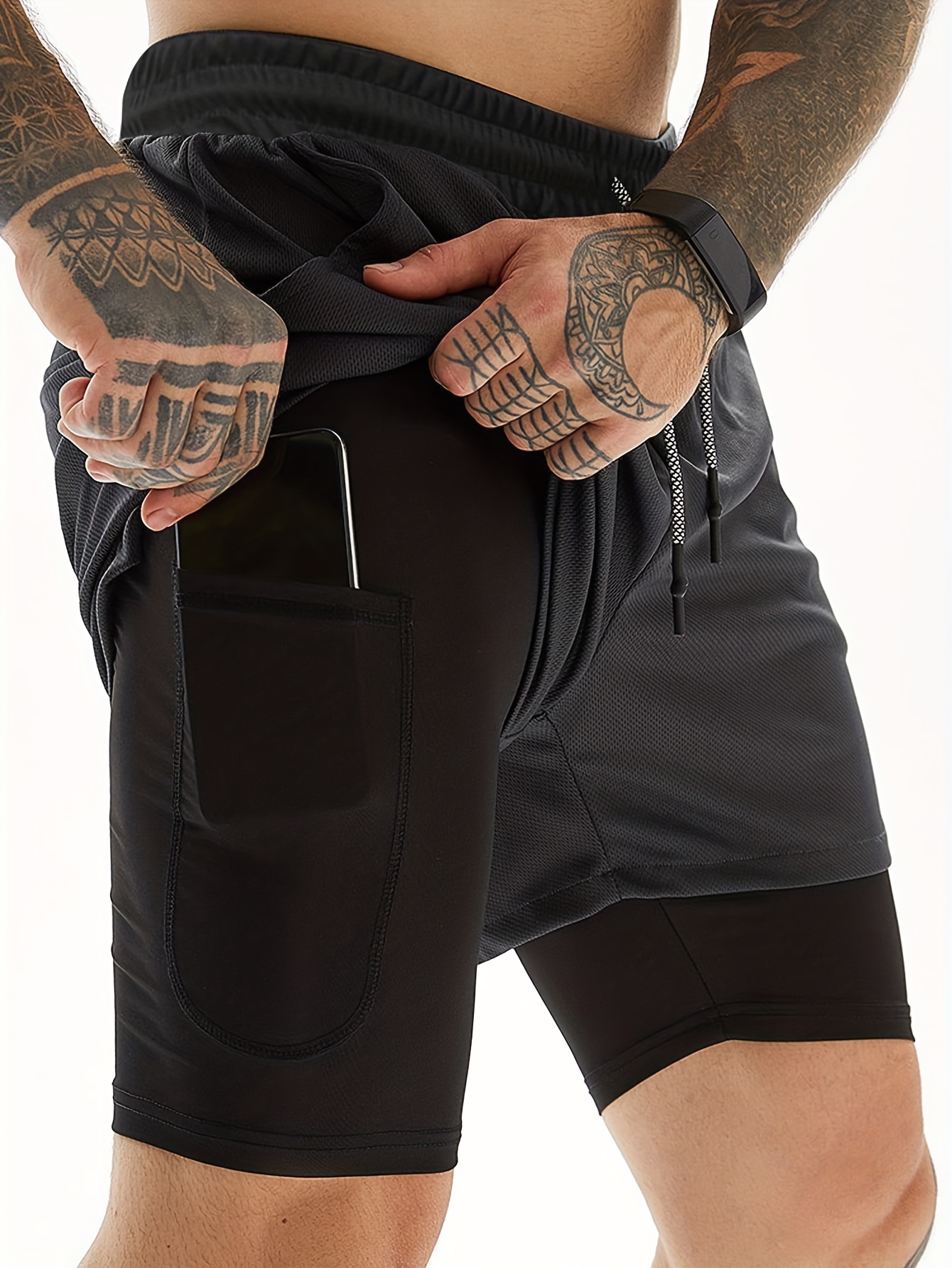 2 in 1 double layer shorts with inner pocket mens mid stretch sports shorts for summer gym workout training details 5