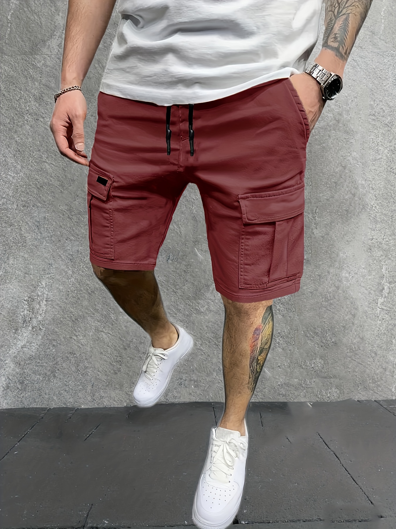 mens stylish loose solid cargo shorts with pockets active breathable comfy drawstring shorts for hiking jogging cycling outdoor fitness workout details 28