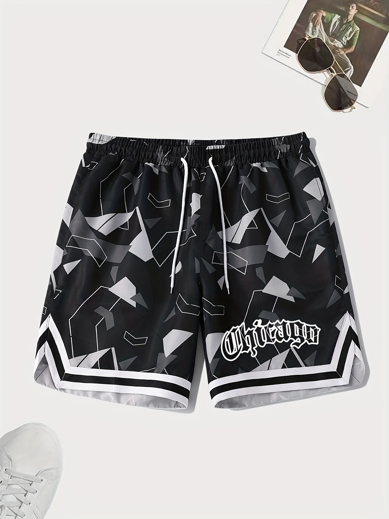 letter print chevron quick drying comfy shorts mens casual waist drawstring shorts for summer gym workout training details 0