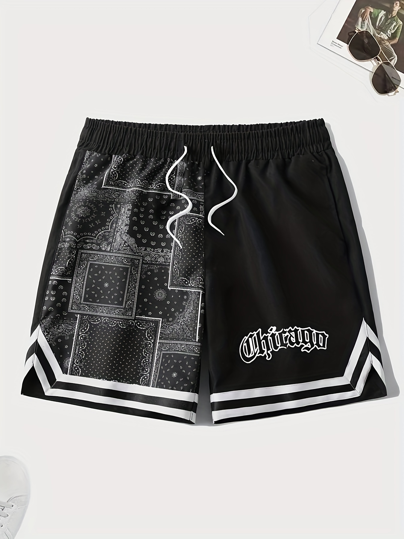 letter print chevron quick drying comfy shorts mens casual waist drawstring shorts for summer gym workout training details 5