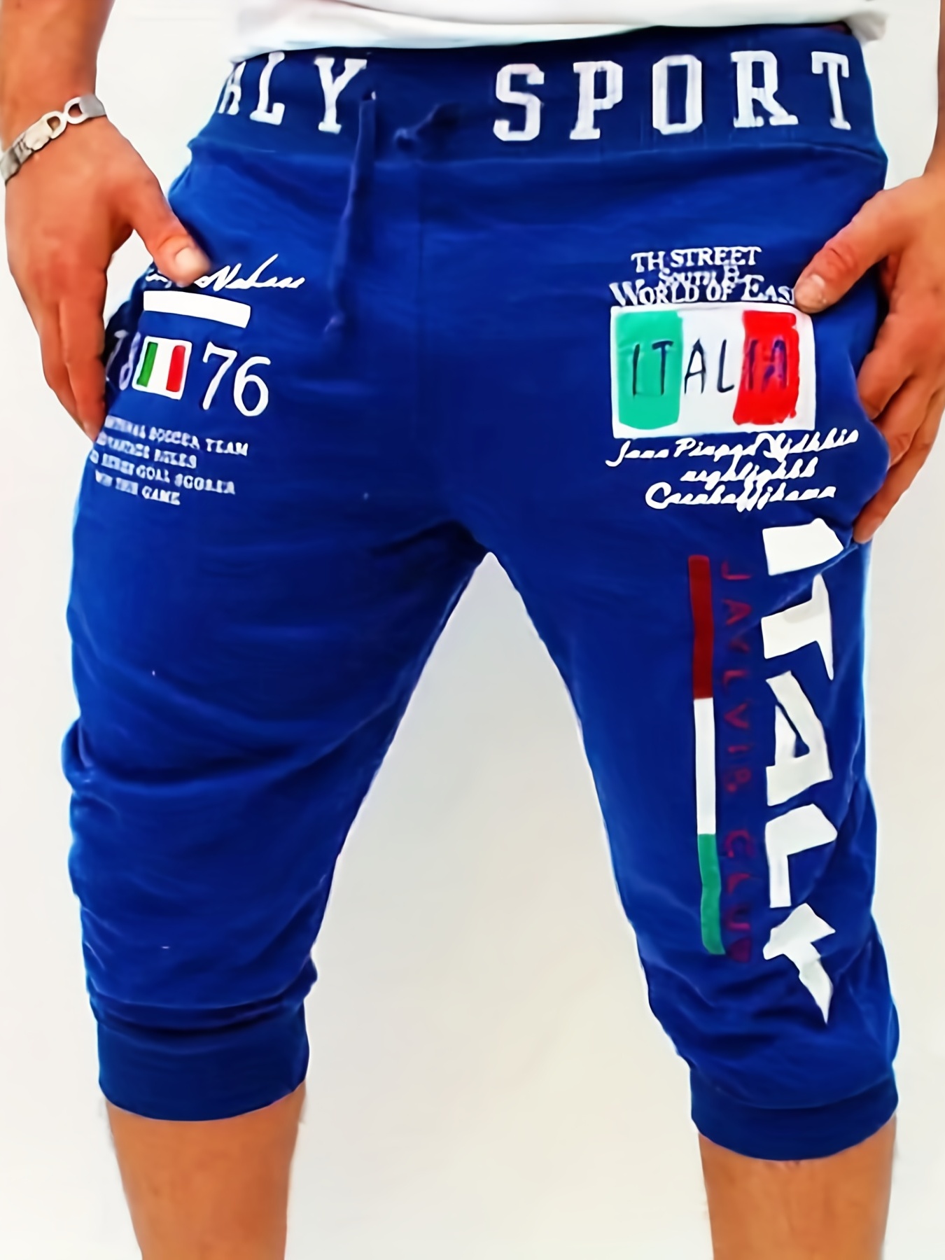 italy flag letter print comfy shorts mens casual solid color slightly stretch elastic waist drawstring shorts for summer details 0