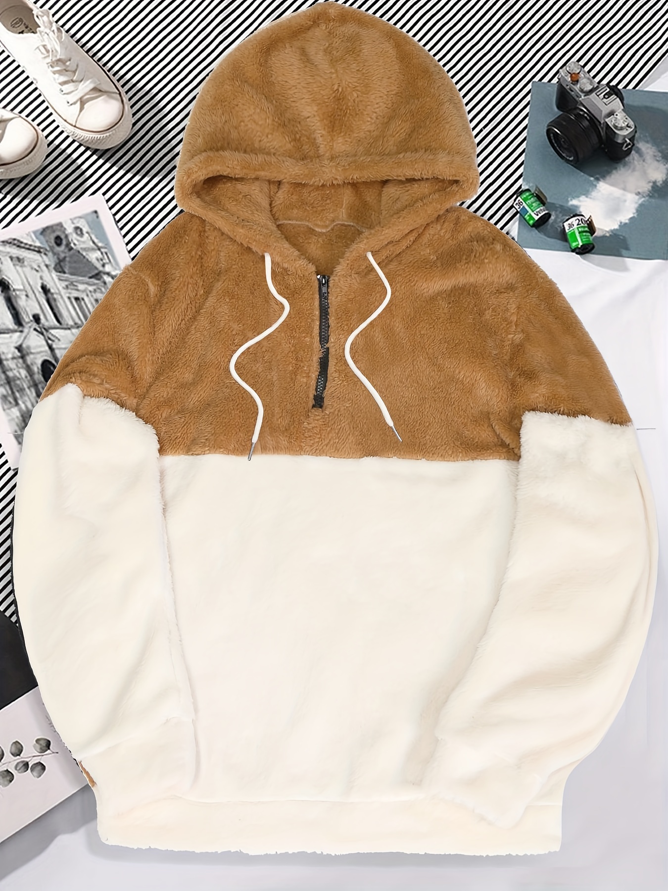 cool fluffy thermal hoodies for men mens casual color block polar fleece pullover hooded sweatshirt with kangaroo pocket streetwear for winter fall as gifts details 8