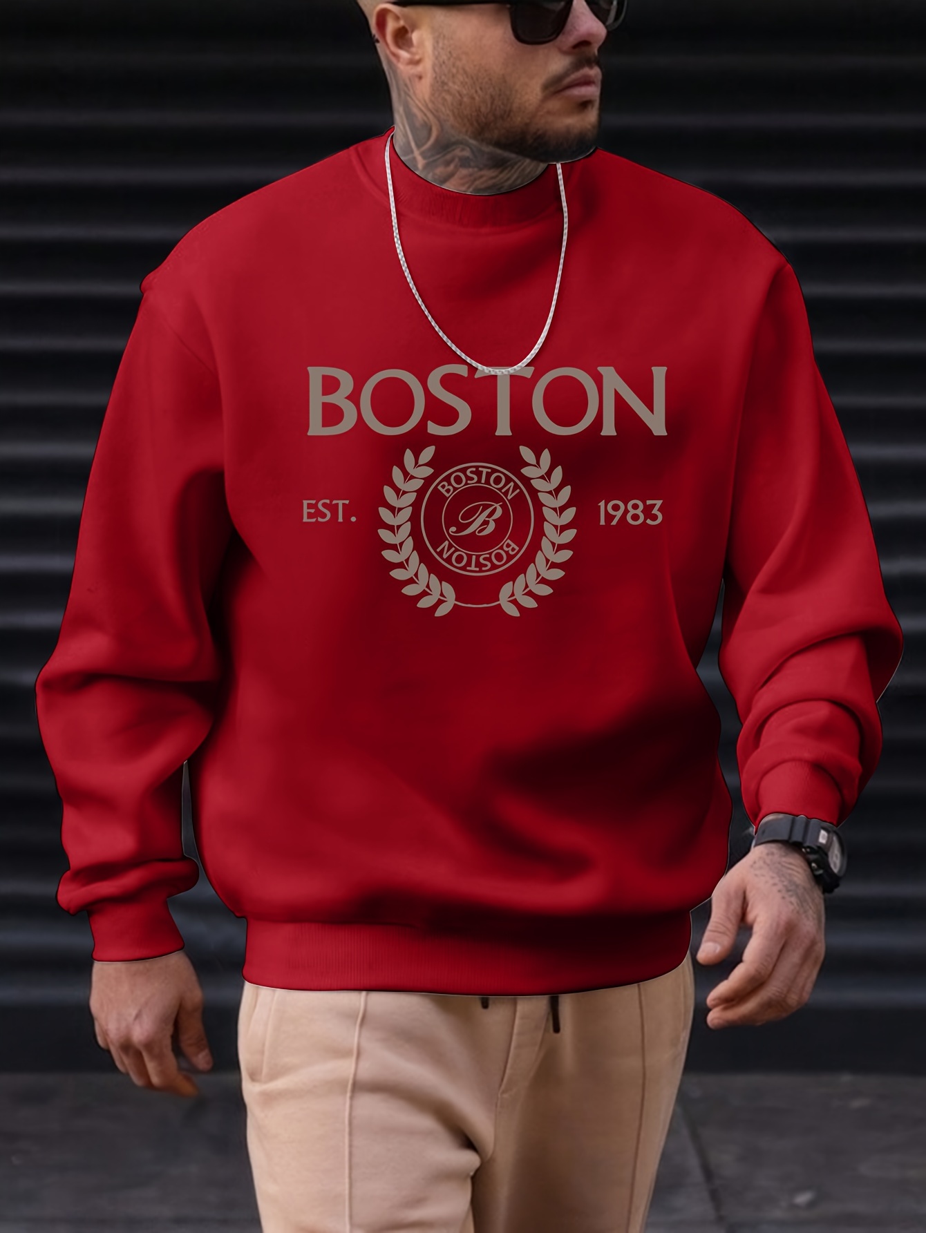 mens pullover round neck long sleeve sweatshirt letter boston pattern casual top for autumn winter mens clothing details 0