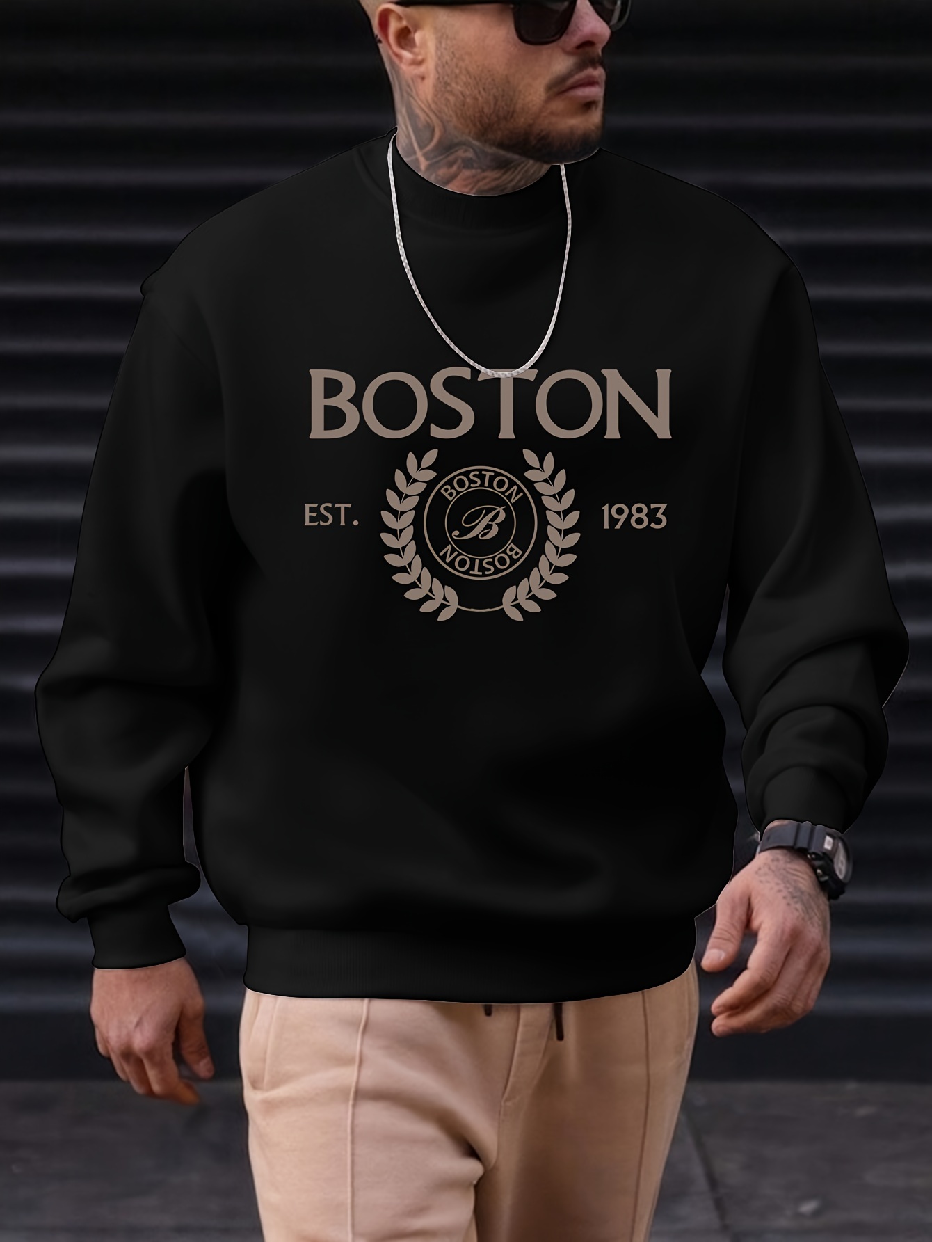 mens pullover round neck long sleeve sweatshirt letter boston pattern casual top for autumn winter mens clothing details 21