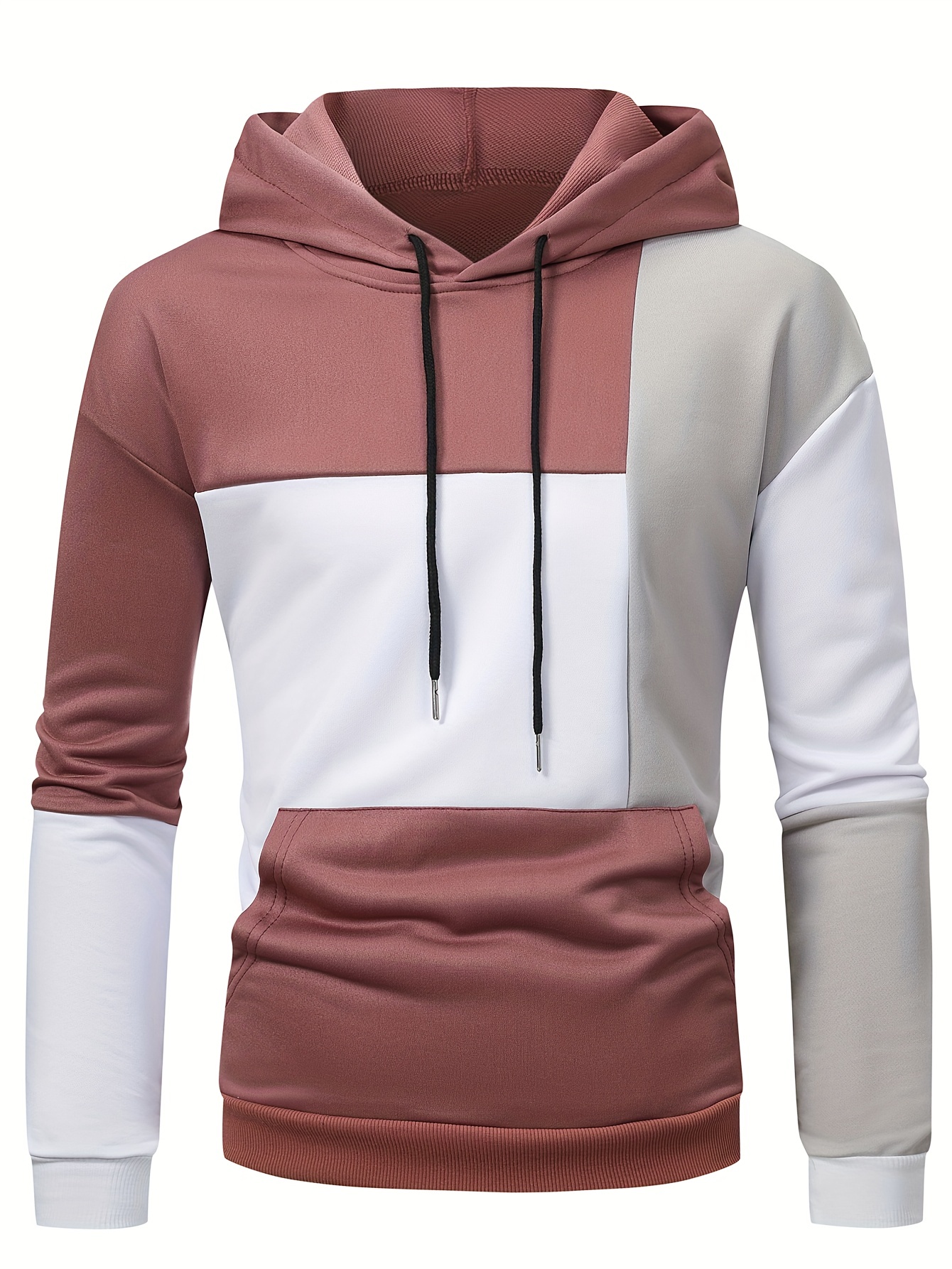 patchwork color block hoodie with kangaroo pocket mens casual solid color slightly stretch drawstring pullover hooded sweatshirt for spring fall details 6