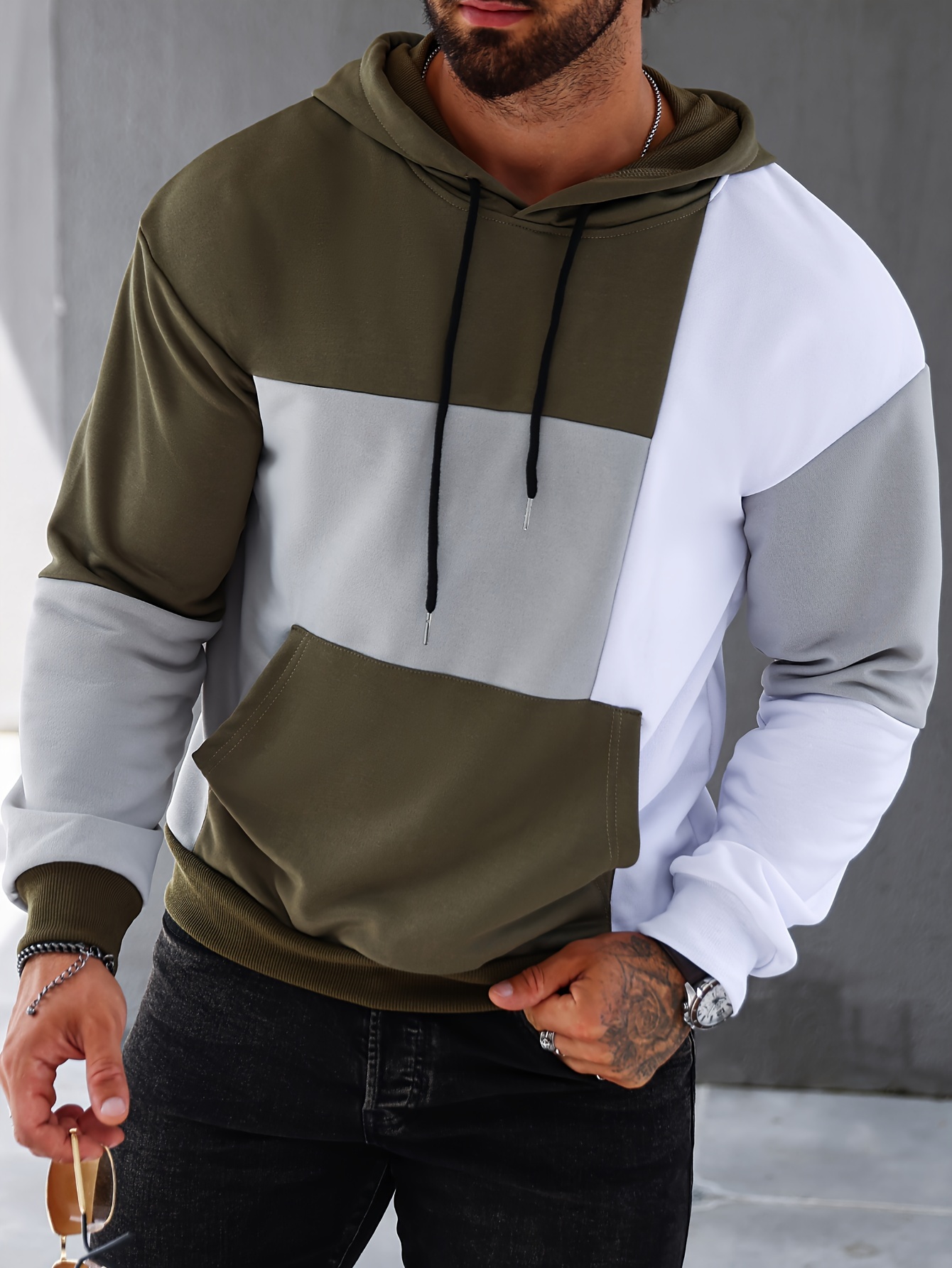 patchwork color block hoodie with kangaroo pocket mens casual solid color slightly stretch drawstring pullover hooded sweatshirt for spring fall details 16