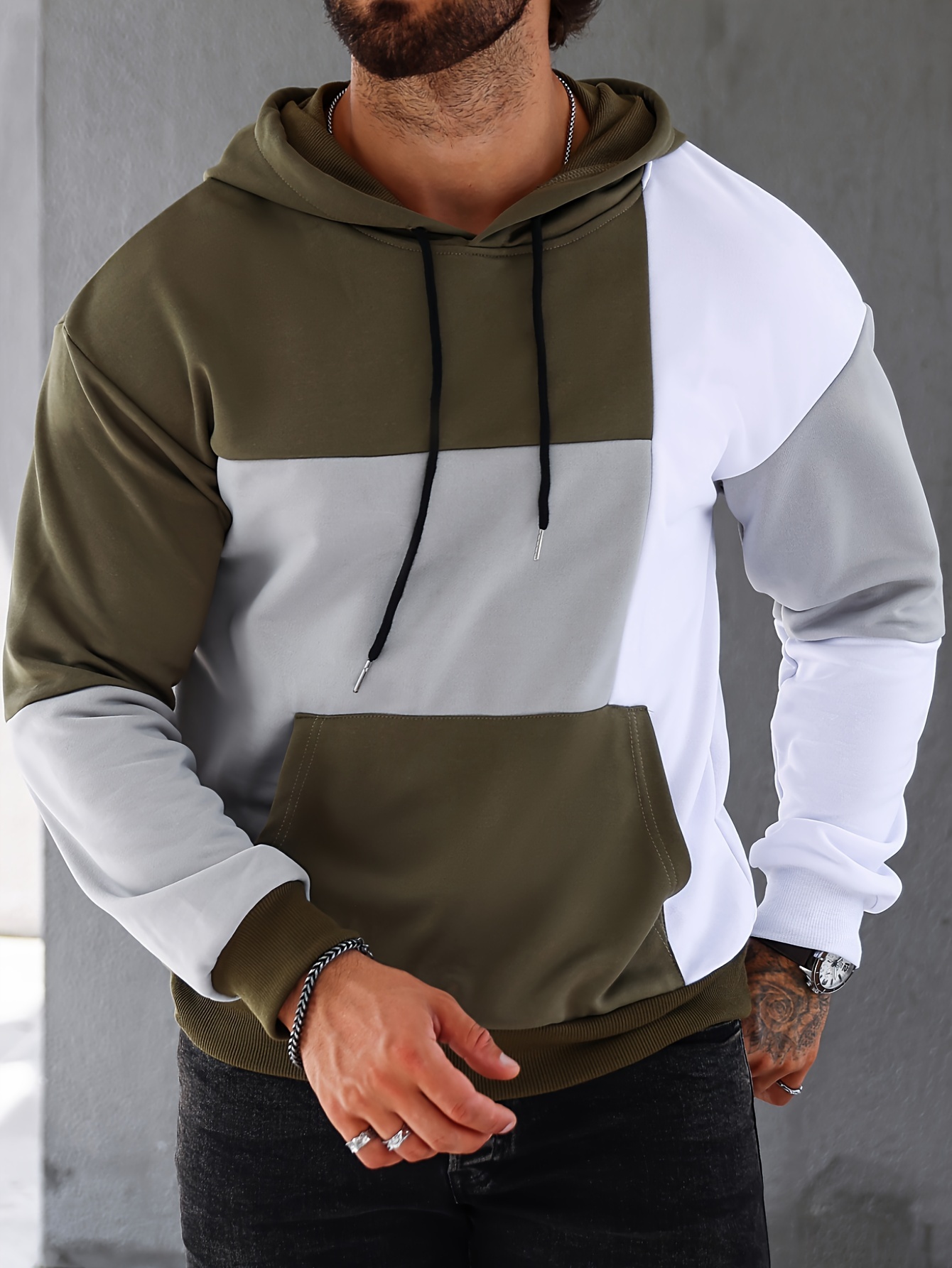 patchwork color block hoodie with kangaroo pocket mens casual solid color slightly stretch drawstring pullover hooded sweatshirt for spring fall details 22